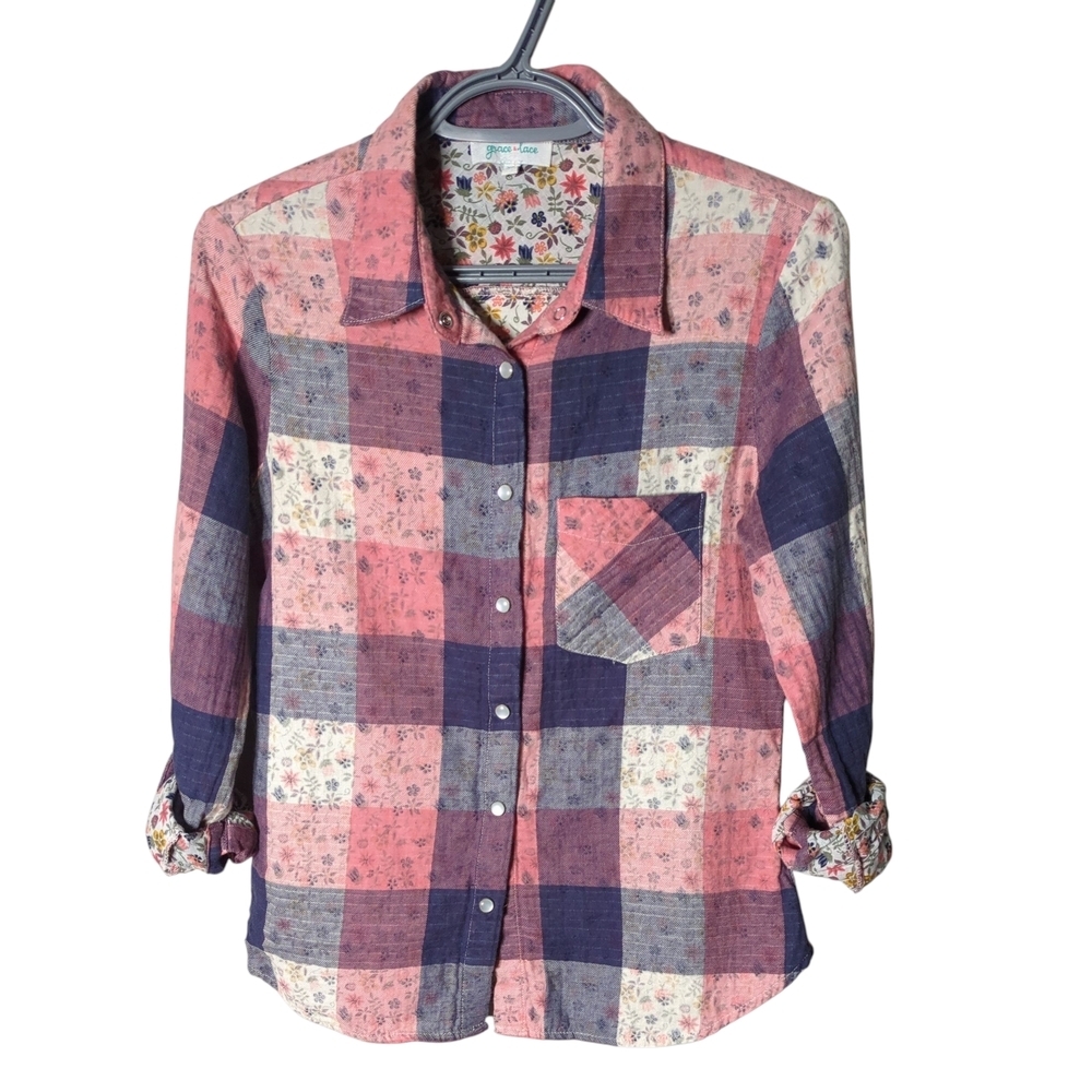 Grace & Lace Coral, Navy and Cream floral plaid button down top - XS -